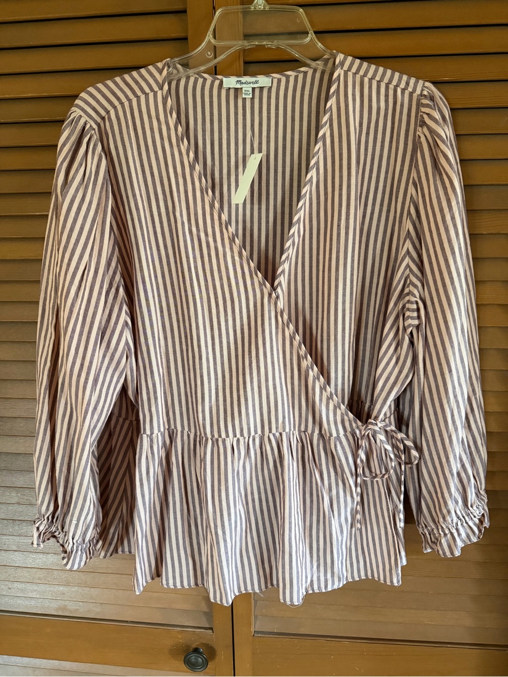 Madewell Mauve and White Striped Wrap Peplum Blouse